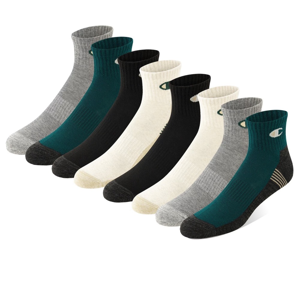 NWT Champion 8PK Men's Cushion Quarter Sock Size 6-10.5 Green Multi
